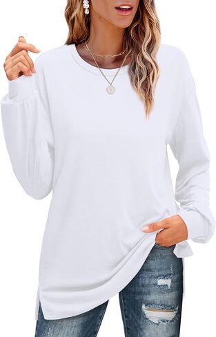 OFEEFAN Long Sleeve Shirts for Women Loose Fit Crew Neck Tunic Tops Basic Tees with Side Split in Kuwait