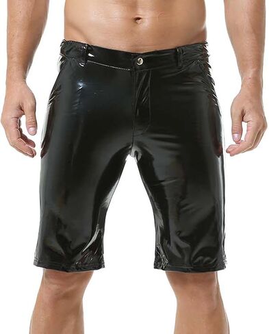 Mens PU Leather Shorts Straight Leg Button Flat Front Workout Shorts Boxer Short Pants with Pockets in Kuwait