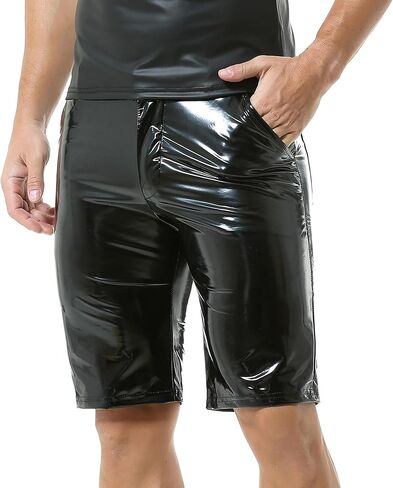 Mens PU Leather Shorts Straight Leg Button Flat Front Workout Shorts Boxer Short Pants with Pockets in Kuwait