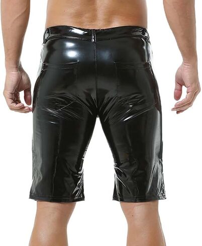 Mens PU Leather Shorts Straight Leg Button Flat Front Workout Shorts Boxer Short Pants with Pockets in Kuwait