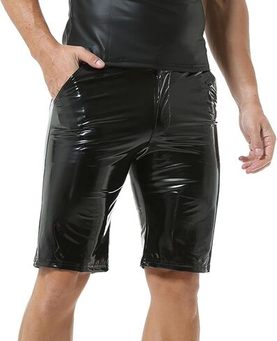 Mens PU Leather Shorts Straight Leg Button Flat Front Workout Shorts Boxer Short Pants with Pockets in Kuwait