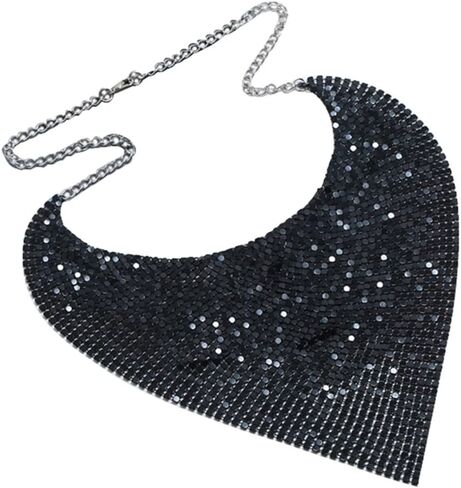 Women Glitter Thick Metal Sequins Tassel Choker Necklace Chunky Bib Stetement Collar Scarf Necklace Jewelry in Saudi Arabia