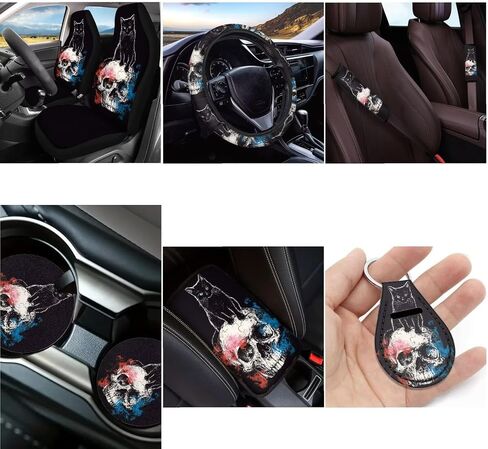 Skull Cherry Blossom Printed Car Seat Cover Full Set, 12 Pieces, includes Front Rear Seat Cover Steering Wheel Cover Car Armrest Pad Covers Seat Belt Pads Lipstick Holder Keychain in Saudi Arabia