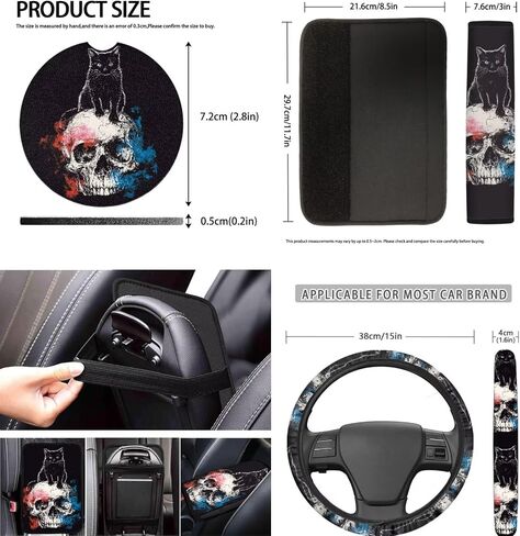 Skull Cherry Blossom Printed Car Seat Cover Full Set, 12 Pieces, includes Front Rear Seat Cover Steering Wheel Cover Car Armrest Pad Covers Seat Belt Pads Lipstick Holder Keychain in Saudi Arabia