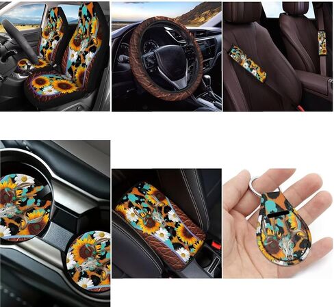 Skull Cherry Blossom Printed Car Seat Cover Full Set, 12 Pieces, includes Front Rear Seat Cover Steering Wheel Cover Car Armrest Pad Covers Seat Belt Pads Lipstick Holder Keychain in Saudi Arabia
