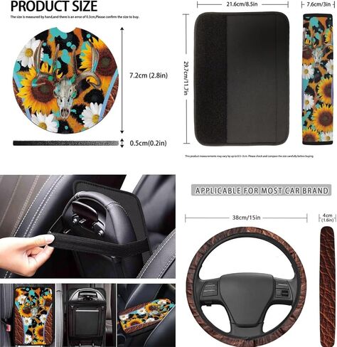 Skull Cherry Blossom Printed Car Seat Cover Full Set, 12 Pieces, includes Front Rear Seat Cover Steering Wheel Cover Car Armrest Pad Covers Seat Belt Pads Lipstick Holder Keychain in Saudi Arabia