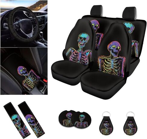 Skull Cherry Blossom Printed Car Seat Cover Full Set, 12 Pieces, includes Front Rear Seat Cover Steering Wheel Cover Car Armrest Pad Covers Seat Belt Pads Lipstick Holder Keychain in Saudi Arabia