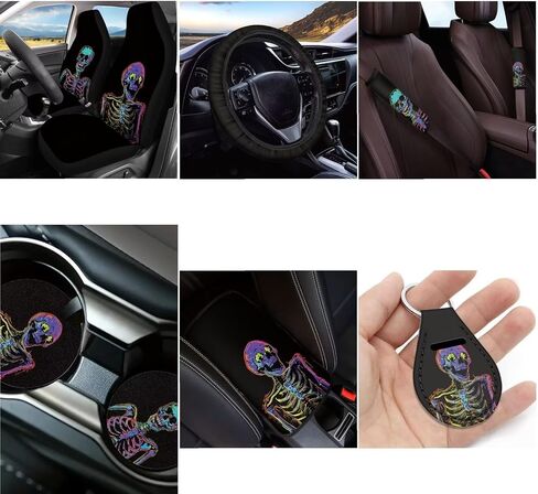 Skull Cherry Blossom Printed Car Seat Cover Full Set, 12 Pieces, includes Front Rear Seat Cover Steering Wheel Cover Car Armrest Pad Covers Seat Belt Pads Lipstick Holder Keychain in Saudi Arabia