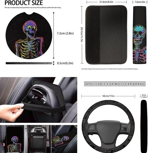 Skull Cherry Blossom Printed Car Seat Cover Full Set, 12 Pieces, includes Front Rear Seat Cover Steering Wheel Cover Car Armrest Pad Covers Seat Belt Pads Lipstick Holder Keychain in Saudi Arabia