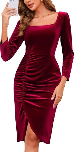 BeryLove Womens Velvet Dresses Cocktail Formal Midi Christmas Party Dresses Long Sleeve Winter Wedding Guest Dress in Saudi Arabia