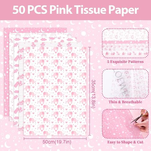 Larcenciel Tissue Paper, 50 Sheets Elephant Pink Tissue Paper for Gift Bags Gift Wrapping, Cute Baby Girl Design Tissue Paper Gift Wrap for Baby Shower, Birthday, Anniversary, Craft, 19.7x13.8inch in Kuwait
