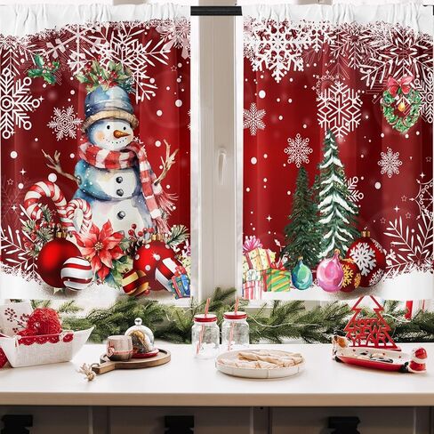 عيد الميلاد ثلج شجرة كرات ستائر المطبخ نافذة الشتاء الستائر على بالوعة مجموعة من 2، الثلج قضيب أحمر جيب ستائر قصيرة الطبقة للمطبخ، عيد الميلاد ديكور مطبخ صغير (26 × 36 بوصة) in Kuwait