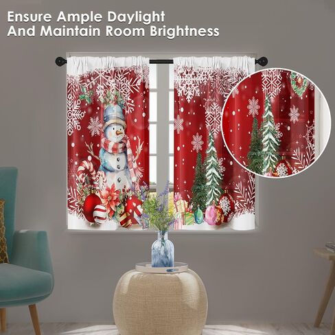 عيد الميلاد ثلج شجرة كرات ستائر المطبخ نافذة الشتاء الستائر على بالوعة مجموعة من 2، الثلج قضيب أحمر جيب ستائر قصيرة الطبقة للمطبخ، عيد الميلاد ديكور مطبخ صغير (26 × 36 بوصة) in Kuwait