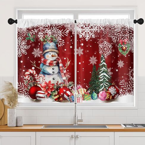 عيد الميلاد ثلج شجرة كرات ستائر المطبخ نافذة الشتاء الستائر على بالوعة مجموعة من 2، الثلج قضيب أحمر جيب ستائر قصيرة الطبقة للمطبخ، عيد الميلاد ديكور مطبخ صغير (26 × 36 بوصة) in Kuwait