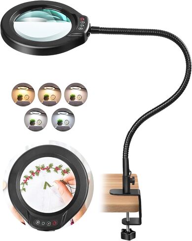 10X Magnifying Glass with Light and Clamp, Large Gooseneck Magnifying Desk Lamp with Stand, 5 Color Modes Dimmable Lighted Magnifier Hands Free for Crafts Painting Jewelry Sewing Close Work in Kuwait
