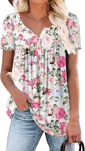 ROSELINLIN Women's Short Sleeve Shirts Floral Summer Tops Loose Fit for Leggings in Kuwait