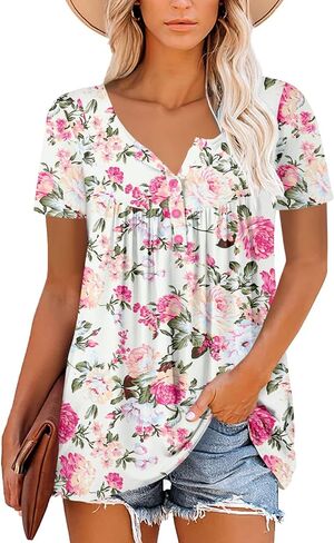 ROSELINLIN Women's Short Sleeve Shirts Floral Summer Tops Loose Fit for Leggings in Kuwait