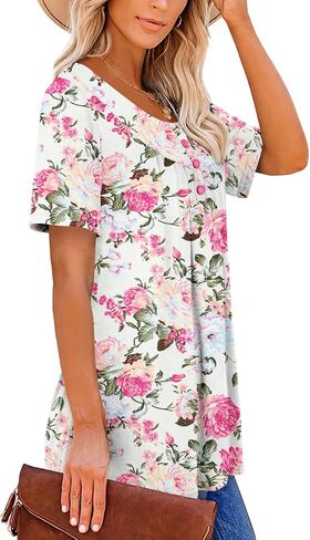 ROSELINLIN Women's Short Sleeve Shirts Floral Summer Tops Loose Fit for Leggings in Kuwait