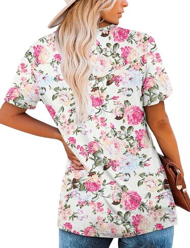 ROSELINLIN Women's Short Sleeve Shirts Floral Summer Tops Loose Fit for Leggings in Kuwait