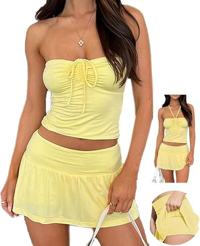 Sexy Two Piece Outfits for Womens Summer Y2K Going Out Tube Top Skirt Mini Dress Rave Festival Beach Club Skort Set in Saudi Arabia