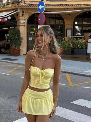 Sexy Two Piece Outfits for Womens Summer Y2K Going Out Tube Top Skirt Mini Dress Rave Festival Beach Club Skort Set in Saudi Arabia