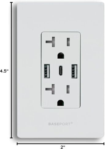 BASEPORT Premium Wall Outlet with USB Ports - 125V 20 Amp Outlet, 5V/6A USB Outlets Receptacles, Dual USB-A, 1 USB-C, Single Gang White Faceplate in Saudi Arabia