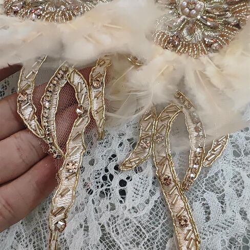 Handmade Beaded Rhinestone Appliques Sew on Crystal Flower Lace Patch Vivid Feather Patch, Multi-Color Pairs for DIY Clothing, Wedding Dress, and Home Decoration (Green) in Saudi Arabia