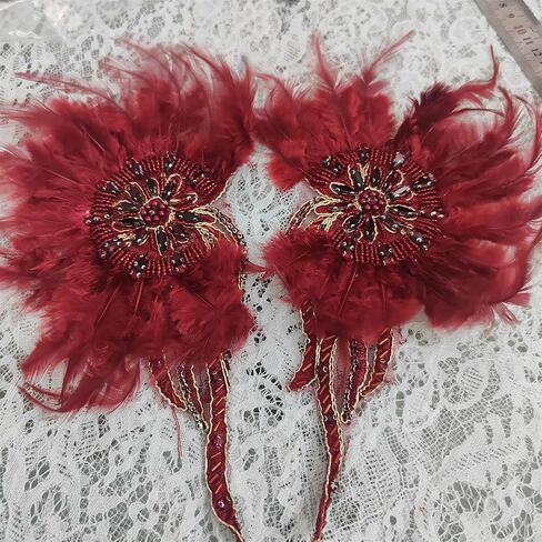 Handmade Beaded Rhinestone Appliques Sew on Crystal Flower Lace Patch Vivid Feather Patch, Multi-Color Pairs for DIY Clothing, Wedding Dress, and Home Decoration (Green) in Saudi Arabia