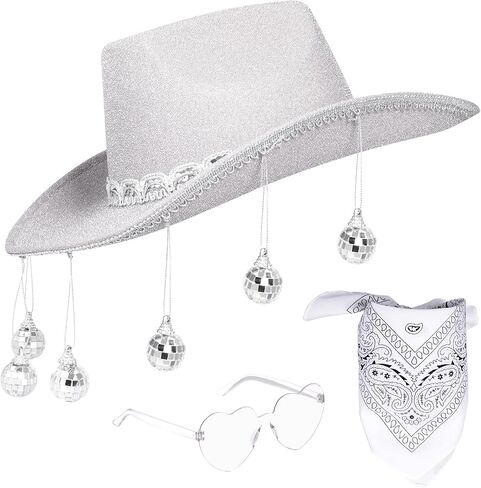 Cowboy Hat Costume Cowgirl Hat with Glitter Disco Ball Heart Sunglasses Bandana for Western Cowboy Halloween Cosplay in Saudi Arabia