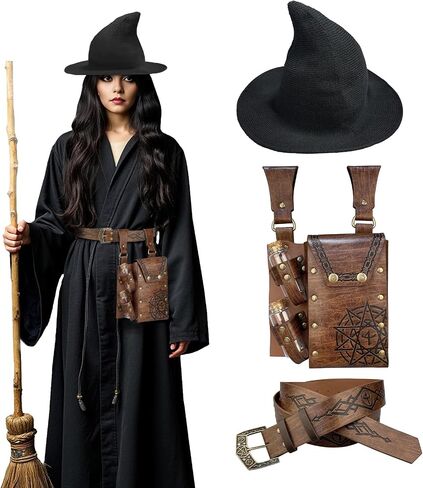 HiiFeuer Medieval Faux Leather Alchemy Set, Witch Pointed Hat for Women, Fantasy Wizard Belt with Potion Vials Waist Pouch in Saudi Arabia