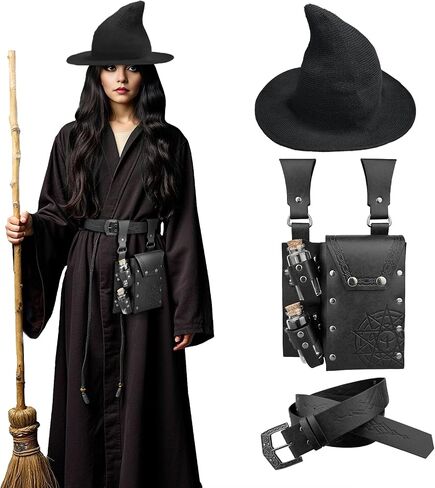 HiiFeuer Medieval Faux Leather Alchemy Set, Witch Pointed Hat for Women, Fantasy Wizard Belt with Potion Vials Waist Pouch in Saudi Arabia