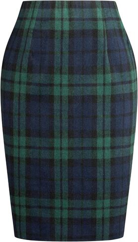 Kate Kasin Womens Wool Plaid Pencil Skirt High Waist Slit Stretchy Bodycon Fall Winter Knee Length Midi Skirt in Saudi Arabia