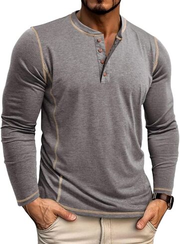 قمصان Henley للرجال بأكمام طويلة كاجوال وأزرار أساسية من القطن، تي شيرت خفيف الوزن أنيق in Saudi Arabia