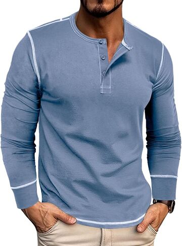 قمصان Henley للرجال بأكمام طويلة كاجوال وأزرار أساسية من القطن، تي شيرت خفيف الوزن أنيق in Saudi Arabia