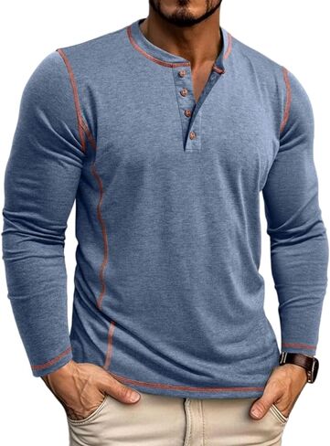 قمصان Henley للرجال بأكمام طويلة كاجوال وأزرار أساسية من القطن، تي شيرت خفيف الوزن أنيق in Saudi Arabia