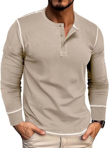 قمصان Henley للرجال بأكمام طويلة كاجوال وأزرار أساسية من القطن، تي شيرت خفيف الوزن أنيق in Saudi Arabia