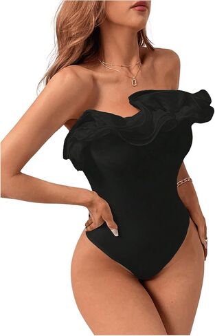SHENHE Women's Elegant Off Shoulder Exaggerated Ruffle Trim Sleeveless Tube Top Bodysuit in Kuwait