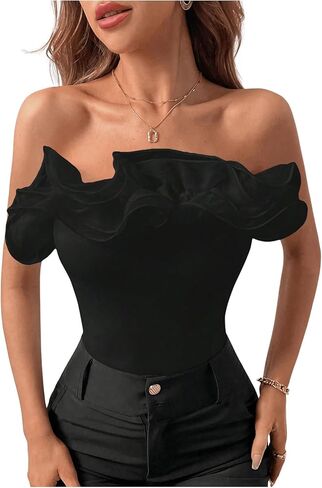 SHENHE Women's Elegant Off Shoulder Exaggerated Ruffle Trim Sleeveless Tube Top Bodysuit in Kuwait