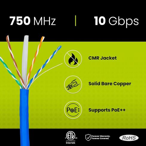 TRUE CABLE Cat6A Riser (CMR), Bulk Ethernet Cable, 1000ft, Blue, 23AWG Solid Bare Copper, Unshielded Twisted Pair (U/UTP), 750MHz, PoE++ 100W, ETL Listed in Kuwait