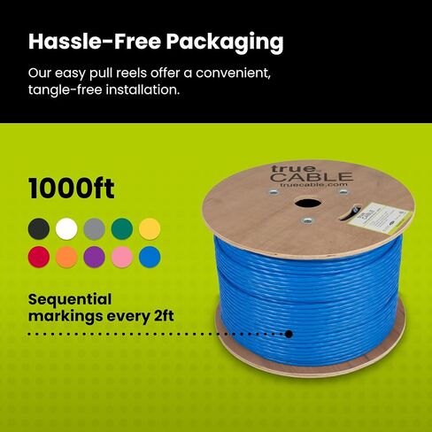 TRUE CABLE Cat6A Riser (CMR), Bulk Ethernet Cable, 1000ft, Blue, 23AWG Solid Bare Copper, Unshielded Twisted Pair (U/UTP), 750MHz, PoE++ 100W, ETL Listed in Kuwait