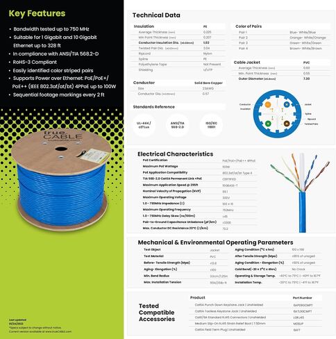 TRUE CABLE Cat6A Riser (CMR), Bulk Ethernet Cable, 1000ft, Blue, 23AWG Solid Bare Copper, Unshielded Twisted Pair (U/UTP), 750MHz, PoE++ 100W, ETL Listed in Kuwait