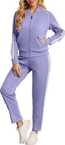 Women's Tracksuit 2 Piece Outfits Zip Striped Sportswear Long Sleeve Jogger Suits for Women with Pockets in Kuwait