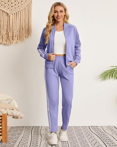 Women's Tracksuit 2 Piece Outfits Zip Striped Sportswear Long Sleeve Jogger Suits for Women with Pockets in Kuwait