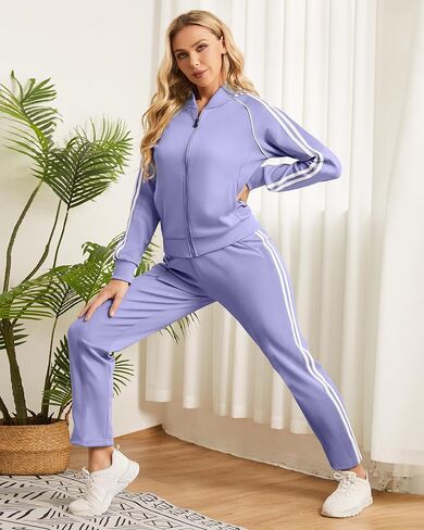 Women's Tracksuit 2 Piece Outfits Zip Striped Sportswear Long Sleeve Jogger Suits for Women with Pockets in Kuwait
