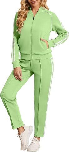 Women's Tracksuit 2 Piece Outfits Zip Striped Sportswear Long Sleeve Jogger Suits for Women with Pockets in Saudi Arabia
