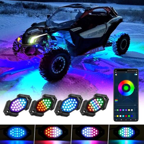 أضواء الصخور LED - التحكم في RGB عبر التطبيق، مقاومة للماء IP68، وظيفة الضوء/الفرامل 12 فولت، أضواء تحت الوهج لـ UTV، ATV - 4 كبسولات in Kuwait
