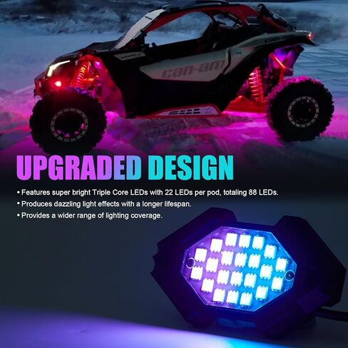 أضواء الصخور LED - التحكم في RGB عبر التطبيق، مقاومة للماء IP68، وظيفة الضوء/الفرامل 12 فولت، أضواء تحت الوهج لـ UTV، ATV - 4 كبسولات in Kuwait