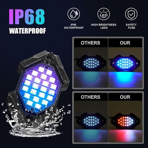 أضواء الصخور LED - التحكم في RGB عبر التطبيق، مقاومة للماء IP68، وظيفة الضوء/الفرامل 12 فولت، أضواء تحت الوهج لـ UTV، ATV - 4 كبسولات in Kuwait