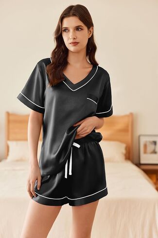 Ekouaer 2 Pack Silk Pajamas for Women Short Sleeve Satin Pj Set Soft V neck Sleepwear Loungewear, S-XXL in Saudi Arabia