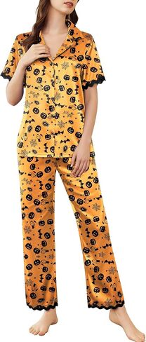 Ekouaer Womens Silk Satin Pajamas Set Button Down 2 Piece Pjs Short Sleeve Long Pants Sleepwear Lounge Set, S-XXL in Saudi Arabia
